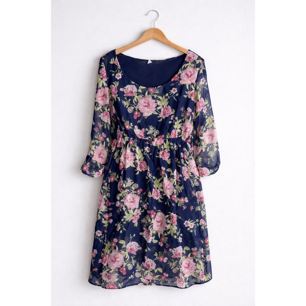 Maternity Navy Floral Dress Womens Large Long Sleeve Scoop Neck